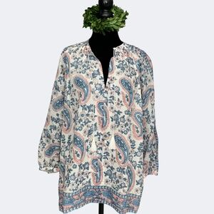 Madewell Camelia Paisley Print Tassel Cotton Silk Boho Pink Blue Peasant Top S